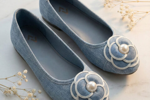 Women’s Zinnia Denim Luxe White Pearl Flower Ballerina Flats