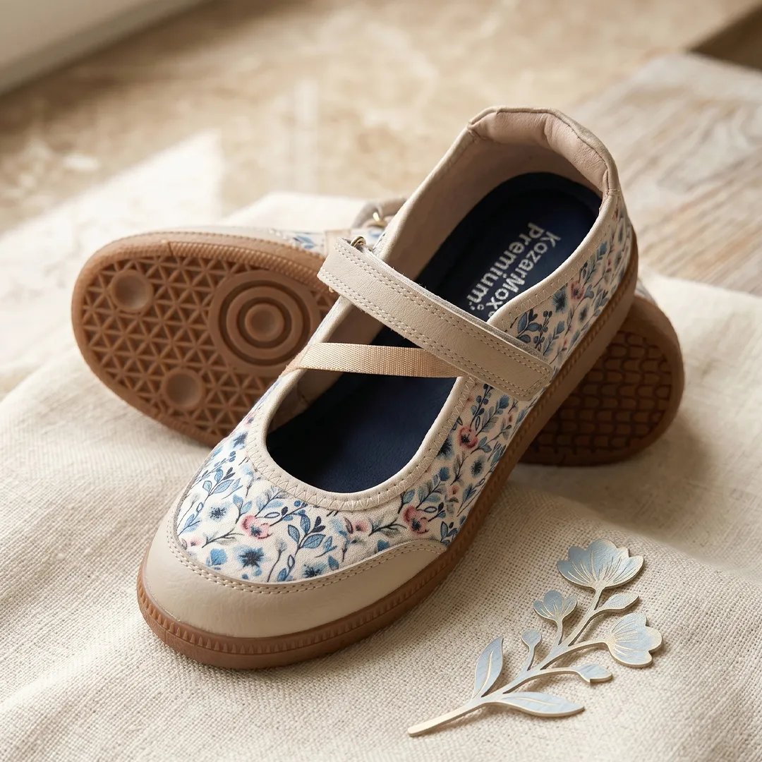 KazarMax Aurora Women's Beige Floral Cushioned Mary Jane Ballerina Shoes