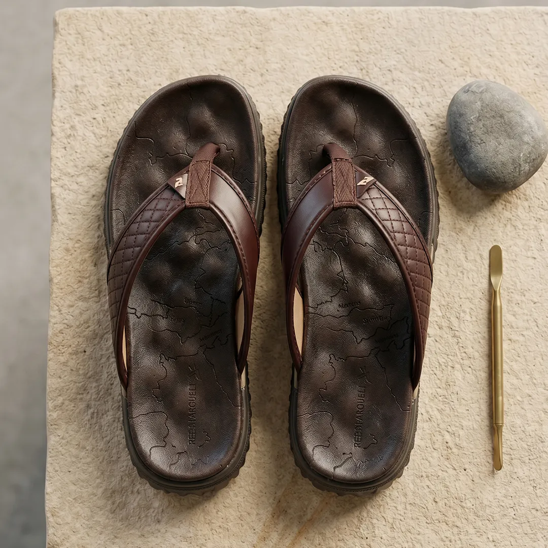 KazarMax Premium Tracker Men's Brown/Quilting Flip Flops with Contoured Footbed Slipper