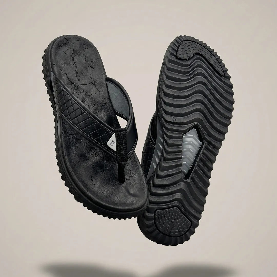 KazarMax Premium Tracker Men's Black/Quilting Flip Flops with Contoured Footbed Slipper