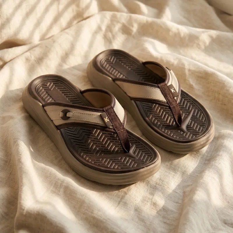 Men's Reacher Beige/Brown Flip Flops with Contoured Footbed Slipper