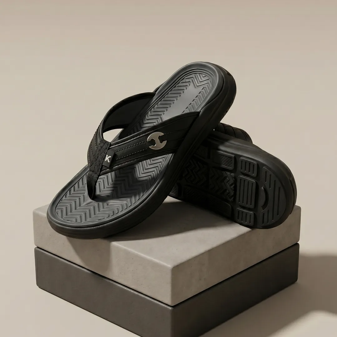 Men’s Reacher Black Buckle Flip Flops with Contoured Footbed Slipper